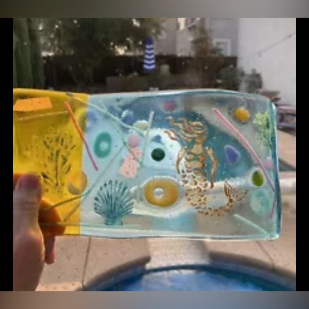 Mermaid And Coral Fused Art Glass Wave  On Aqua And Amber 10”x5”Freestanding